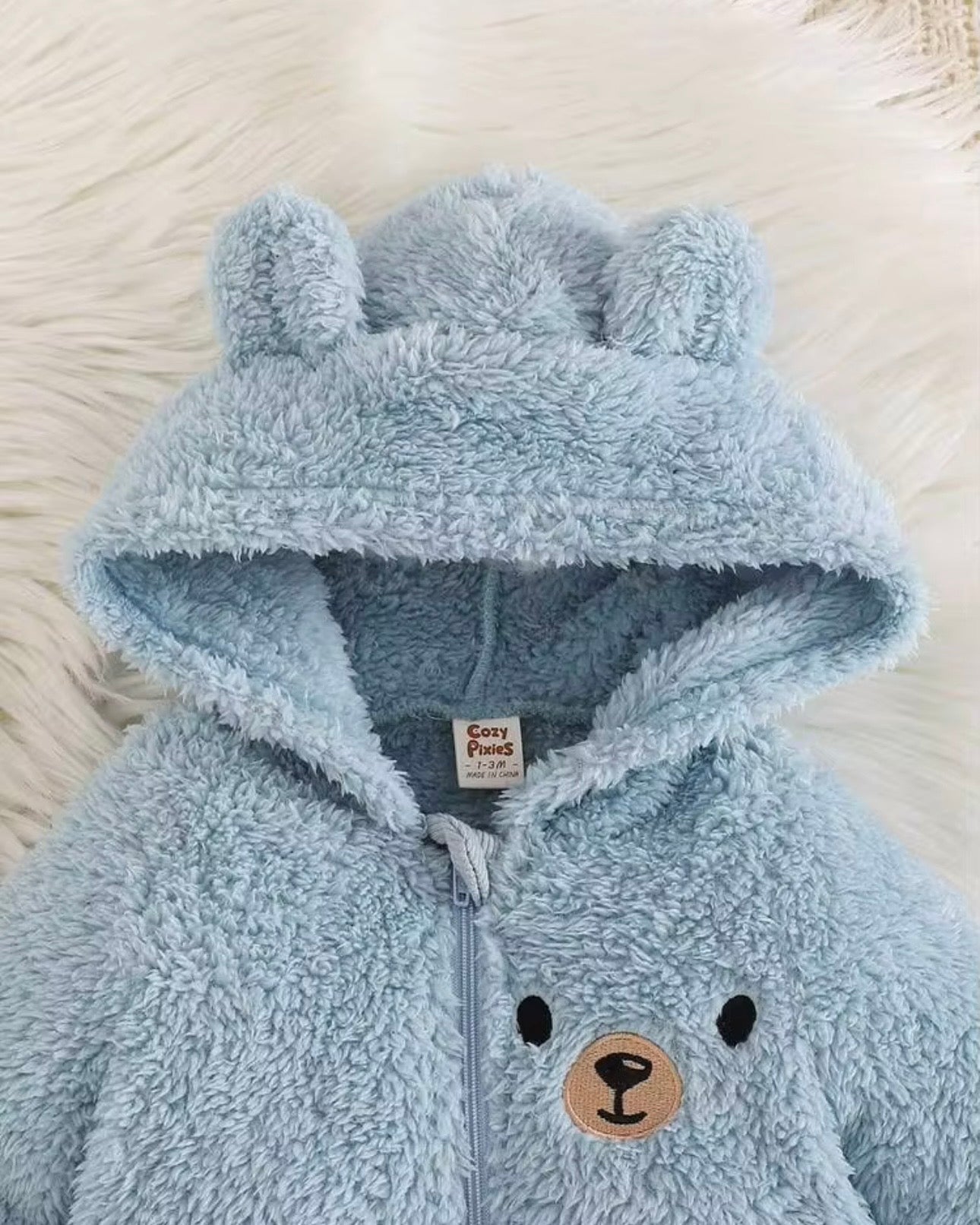 Baby Boy Sky Blue Bear Pattern Winter Hooded Jumpsuit