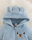 Baby Boy Sky Blue Bear Pattern Winter Hooded Jumpsuit