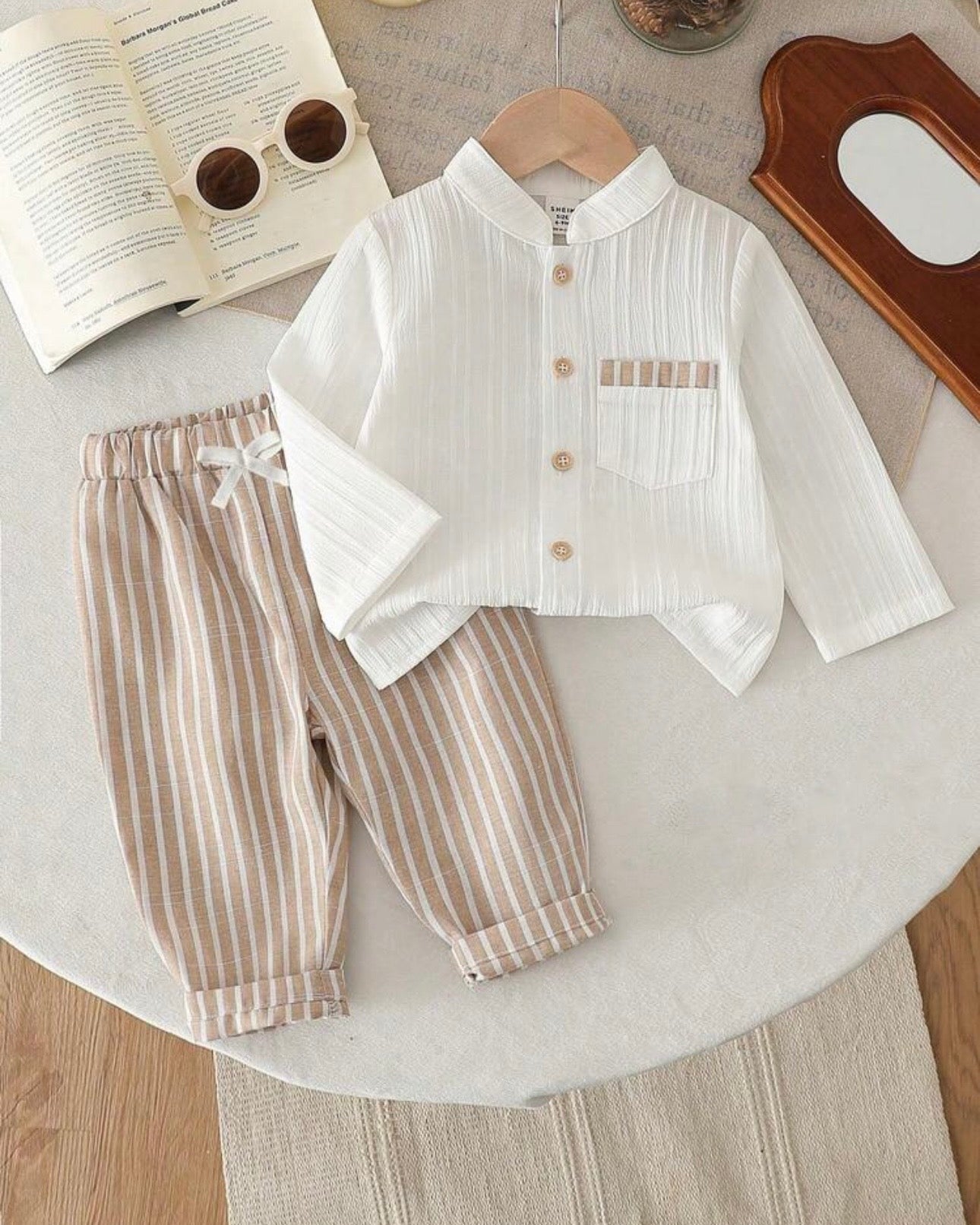 2PCS Baby Boy White and Brown Retro Casual Set