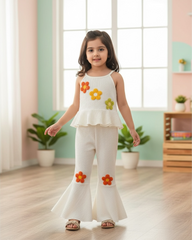 Girls 3D Floral Ruffle Crop Top & Flared Pants Set