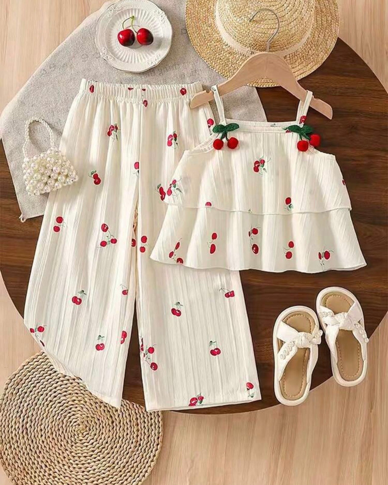 Cherry Print Cami Top With 3D Pom Pom Decor & Straight Leg Pants