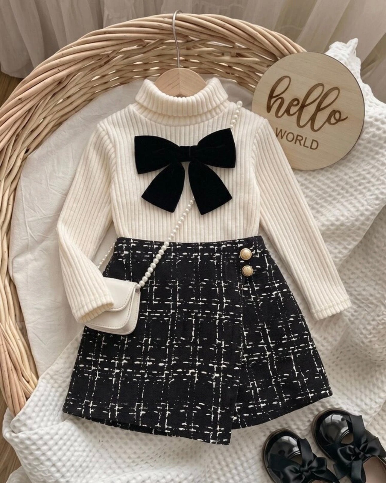 Apricot knitted Bow Turtle Neck Top & Plaid Shorts