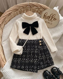 Apricot knitted Bow Turtle Neck Top & Plaid Shorts