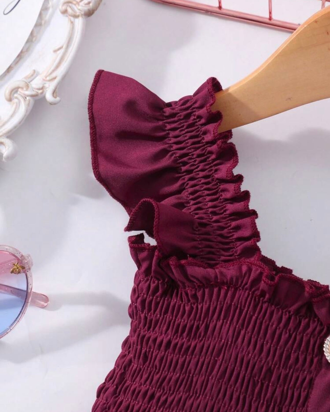 Floral Patchwork Summer Dress – Burgundy Colour Faux Shirred Cap Sleeve Dress