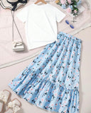 Tween Girls 2-Piece Back View Girl Top & Long Ditsy Floral Skirt