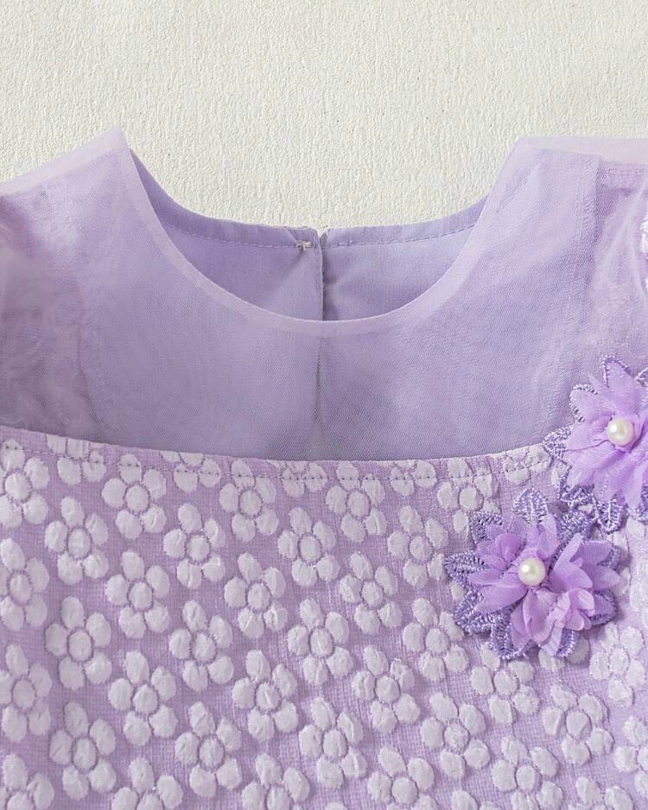 Girls Lilac Chiffon Floral Dress – Puffy Sleeve Princess Party Dress, Elastic Waist Summer Outfit for Kids