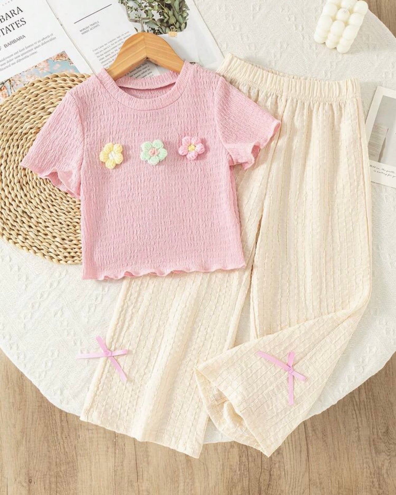 Girls Pink 3D Floral Textured T-Shirt & Pants Set – 2pcs Casual Outfit