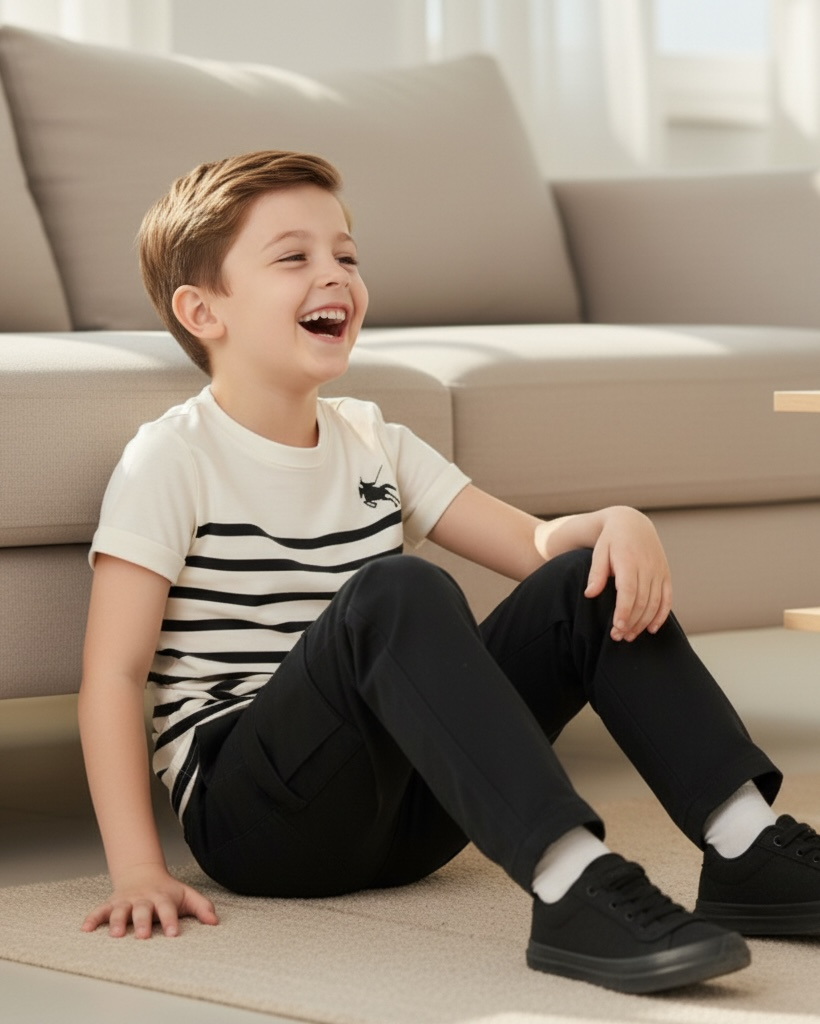 2pcs Boys Striped White & Black Polo Style Shirt And Pants Set