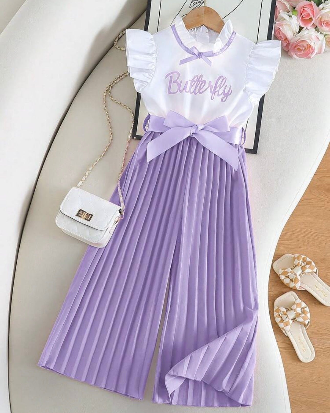 Kids Lilac Flounce Sleeve Top & Wide Leg Pants Set