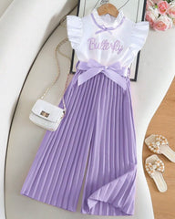 Kids Lilac Flounce Sleeve Top & Wide Leg Pants Set