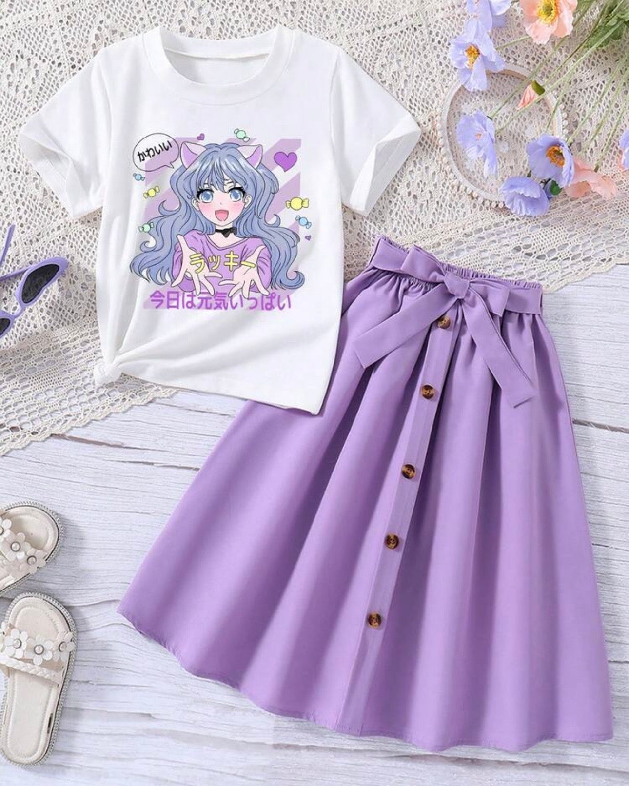 Cartoon Printed Purple Short Sleeve T-Shirt And Elastic Waist Skirt
