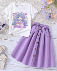Cartoon Printed Purple Short Sleeve T-Shirt And Elastic Waist Skirt
