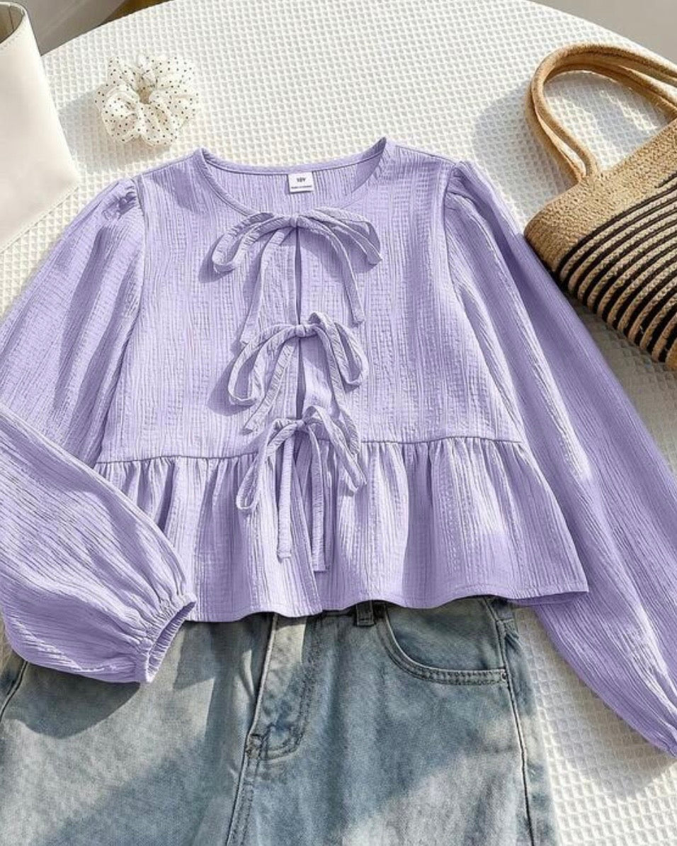 Tween Girls Purple Textured Bow Tie Long Sleeve Shirt
