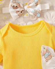 3pcs Baby Girls Yellow Ribbed Romper & Ruffled Overall Dress Set with Bow Headband