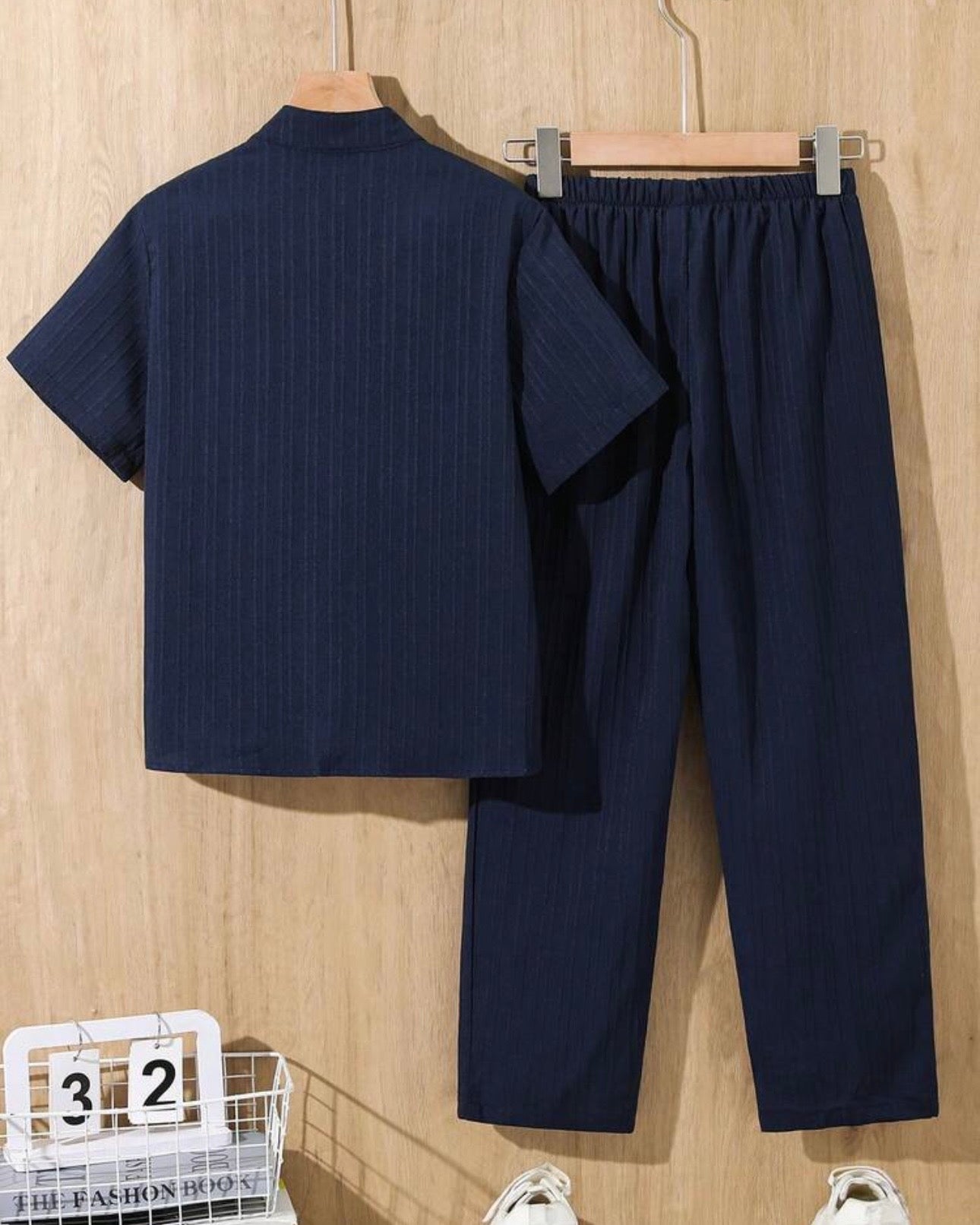 Tween Boys Navy Blue Textured Shirt & Trouser Set