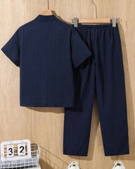 Tween Boys Navy Blue Textured Shirt & Trouser Set