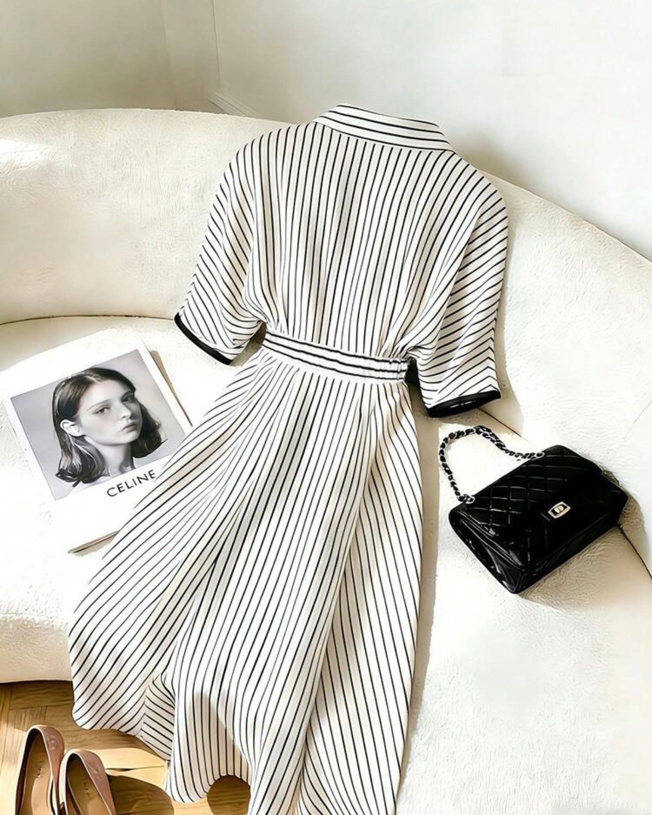 Black & White Striped Shirt Dress with Collar