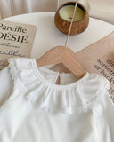 Baby Girl White Knitted Full Sleeve Round Neck Ruffle T-Shirt