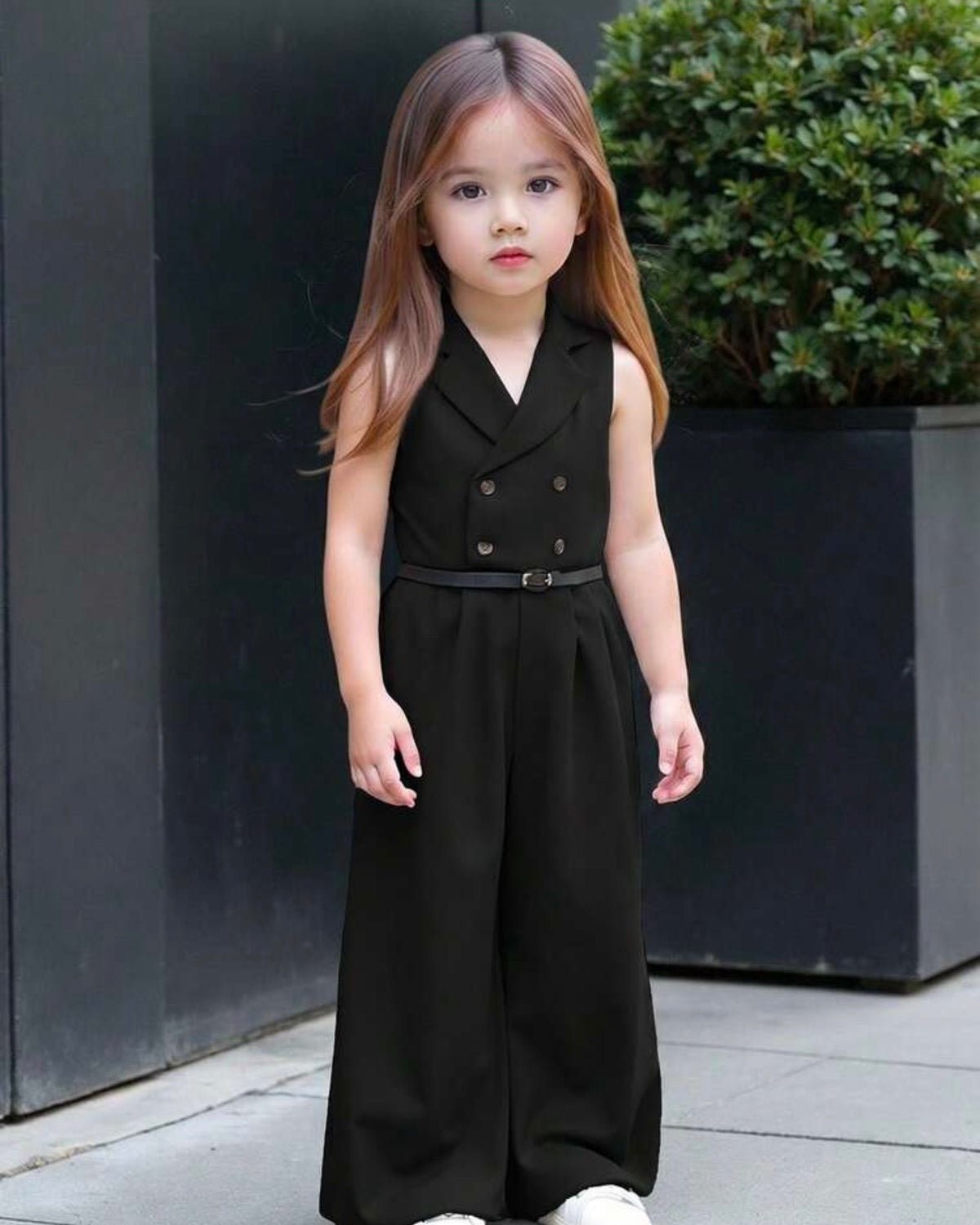 Baby Girl Elegant Black Sleeveless Lapel Collar Jumpsuit