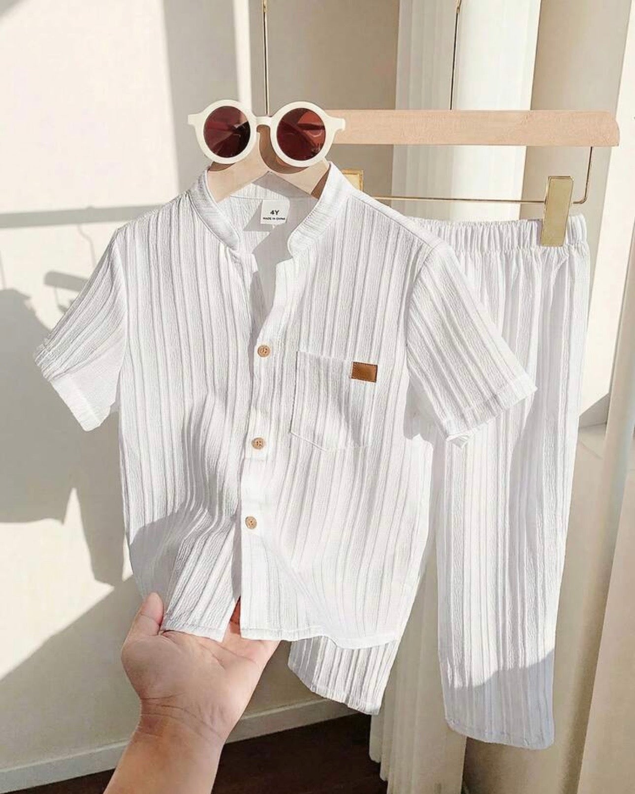 2pc Boys White Textured Shirt & Trouser Set