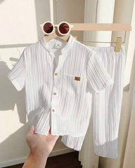 2pc Boys White Textured Shirt & Trouser Set