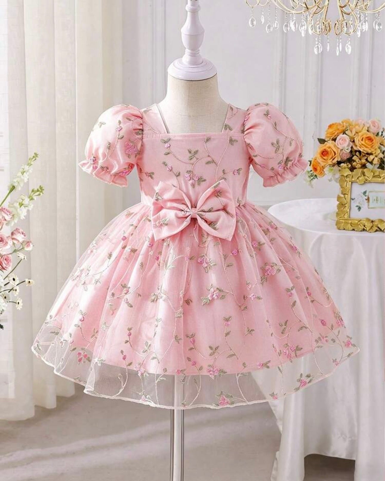 Baby Girl Pink Mesh Floral Puff Sleeve Princess Dress