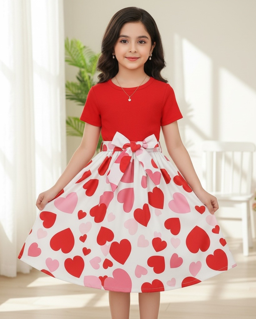 Girls Red Knit Dress with Heart Hem & Tie Waist – Cute Summer Casual Dress for Kids