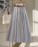 Casual Fashionable Versatile Elastic Waist With Brown Leather Belt Pleated Maxi Skirt