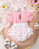 Baby Girls' Pink Ruffle Sleeve Patchwork Cartoon Bear Bow Embroidered Dress + Headband