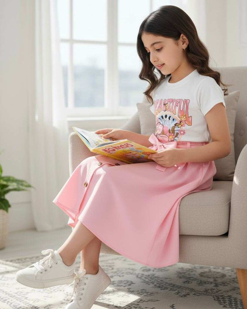 2pcs Girls Pink Cartoon Letter Print Short Sleeve Top & Skirt