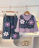 Baby Girl 3-Piece Purple Floral Outfit Set – 3D Flower Vest, Long Sleeve Top & Wide-Leg Pants