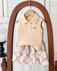 2pcs Beige Baby Girl Bowknot-Shape Embroidery Sleeveless Top&Short Pleated Skirt