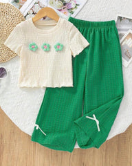 Girls Dark Green and White 3D Floral Textured T-Shirt & Pants Set – 2pcs Casual Outfit