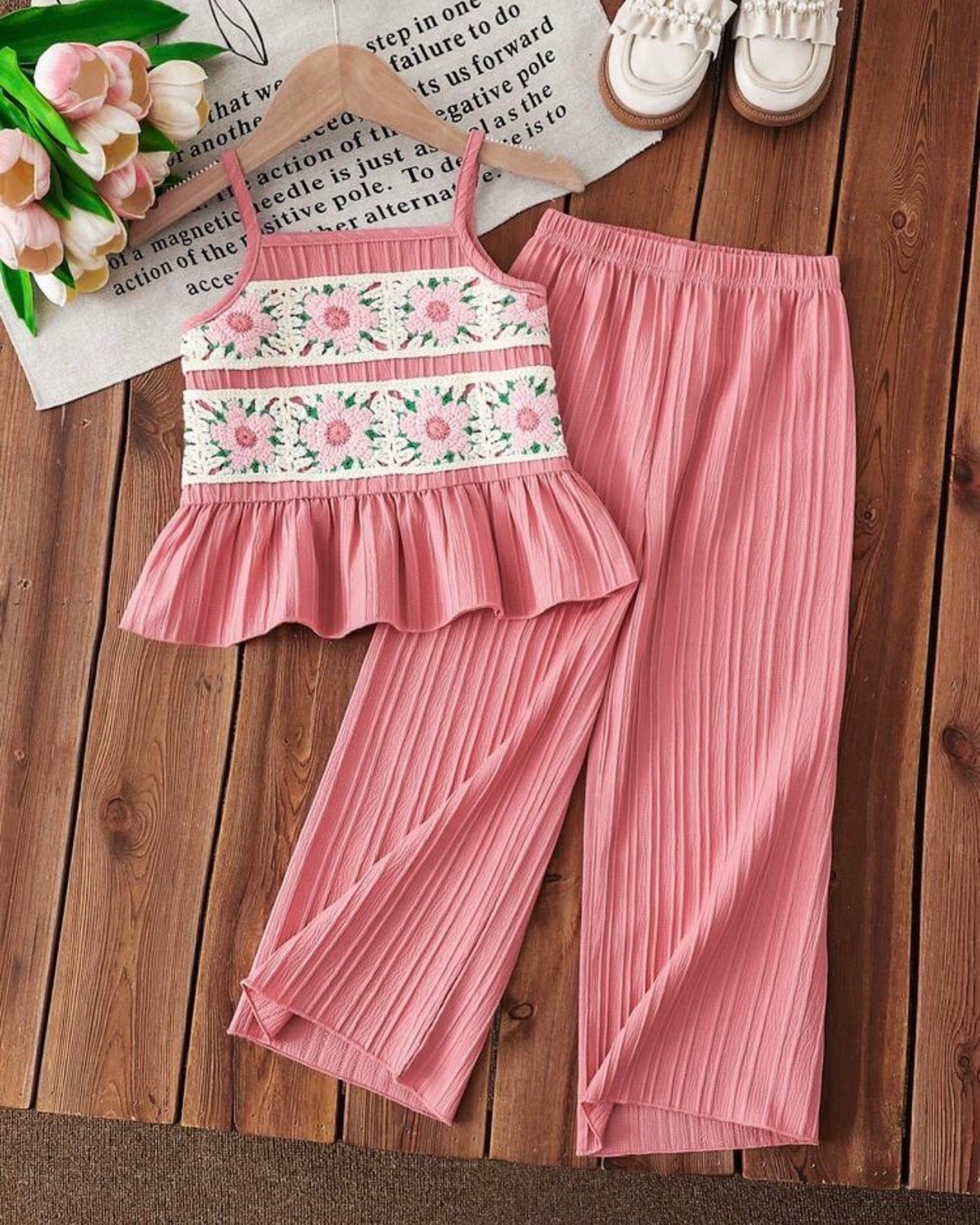 Girls 2PCS Pink Crochet Lace Camisole & Wide-Leg Pants Set