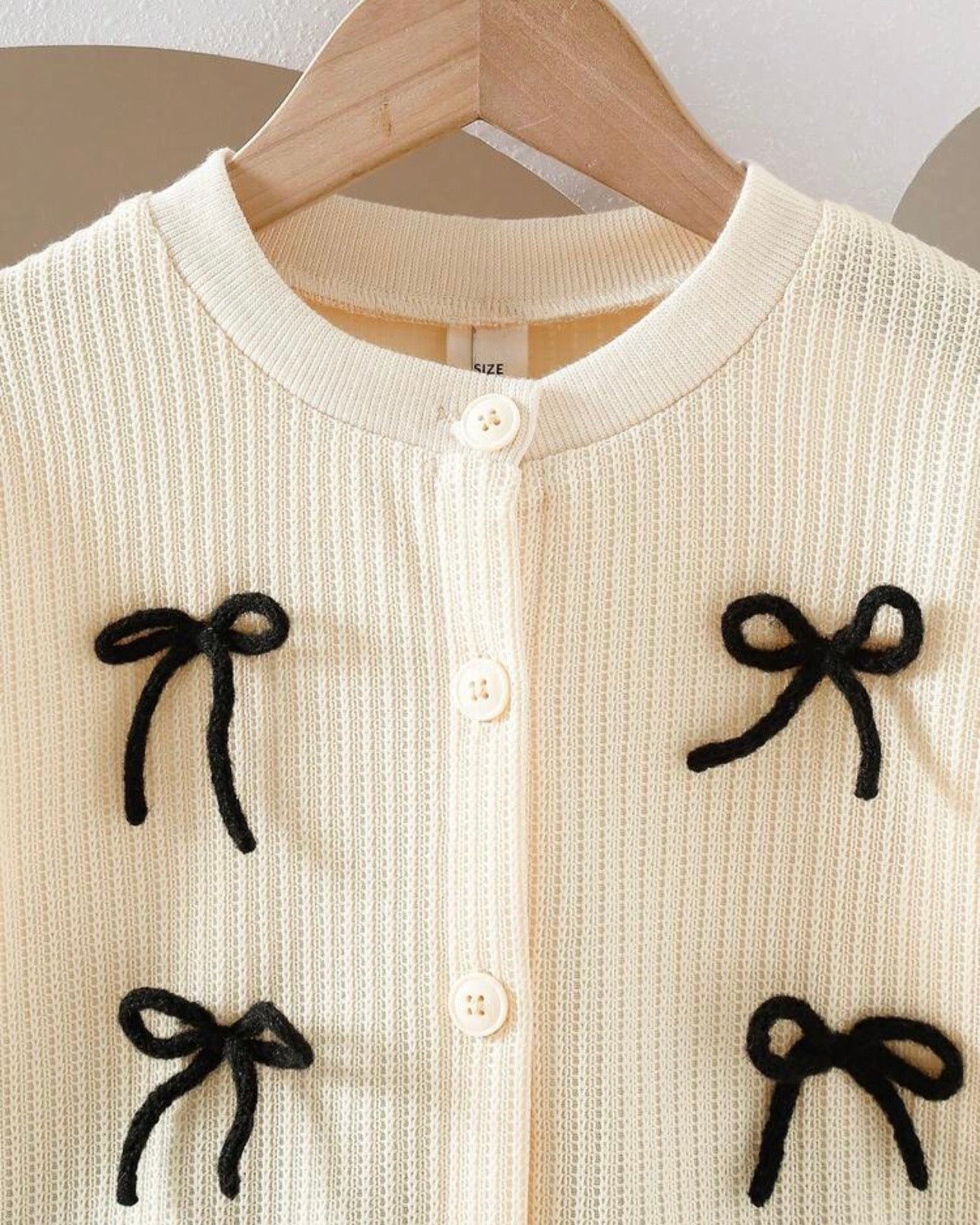 Girls Bow Decor Round Neck Long Sleeve Apricot Cardigan And Skirt