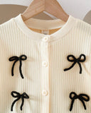 Girls Bow Decor Round Neck Long Sleeve Apricot Cardigan And Skirt