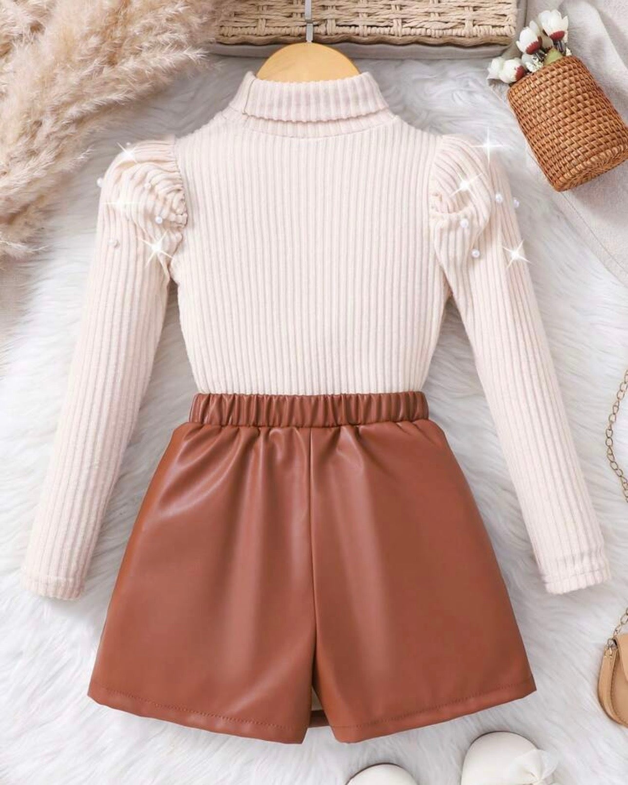 Girls High Neck Pearl Petal Sleeve Apricot Knit Sweater And Brown Leather Pearl Bow Skirt