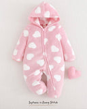 Baby Girl Thick Heart Pattern Knit Soft Hooded Long Sleeve Winter Jumpsuit