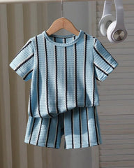 Boys Blue Waffle Stripe 2pcs Summer Set – T-Shirt & Shorts