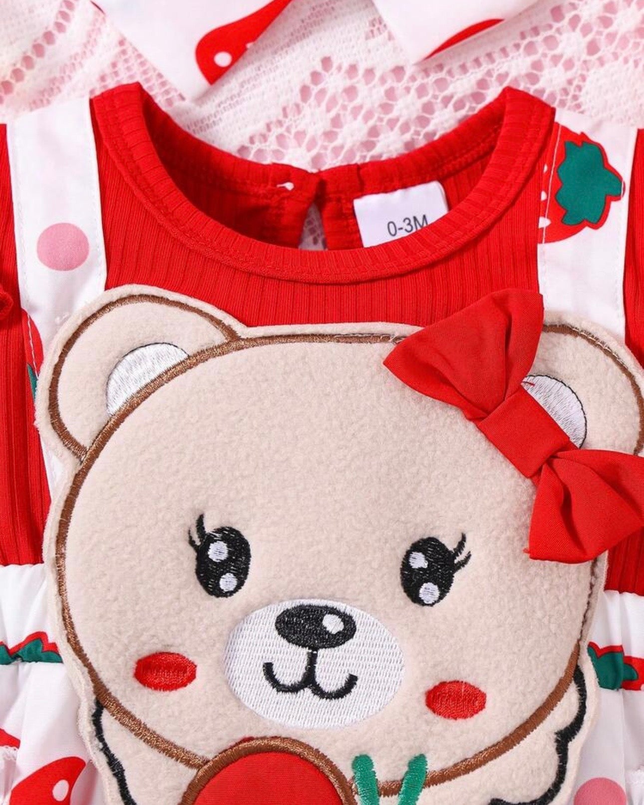 Baby Girls' Ruffle Sleeve Patchwork Cartoon Bear Bow Embroidered Dress + Headband