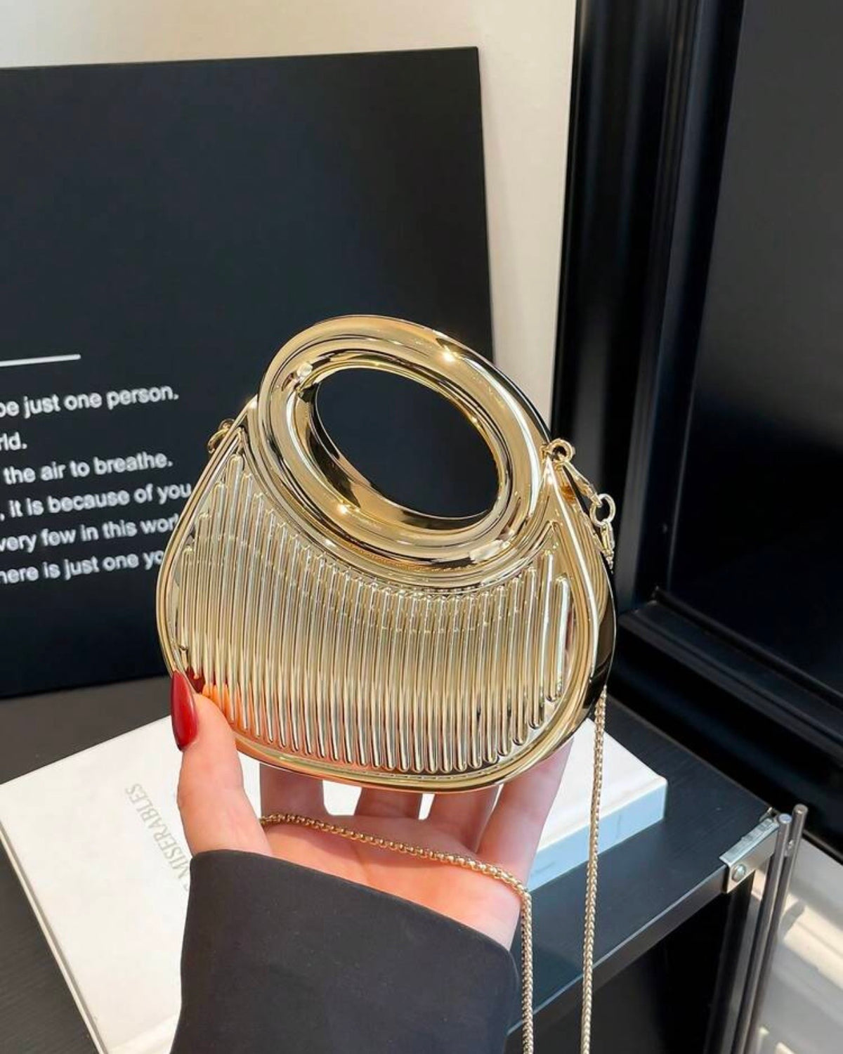 Acrylic Golden Crescent Moon Mini Handbag – Fashion Clutch with Detachable Strap
