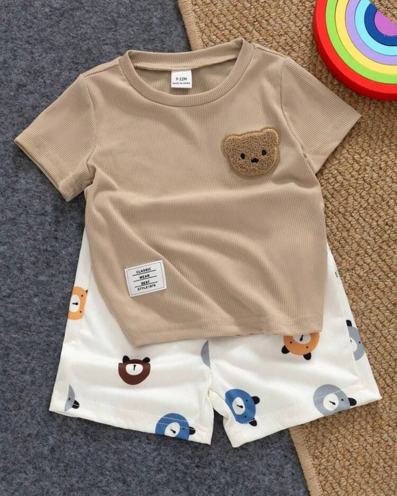 Baby Boy Bear Beige Ribbed Summer Set