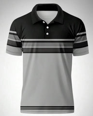 Men's Grey Striped Short Sleeve Polo Shirt - Summer