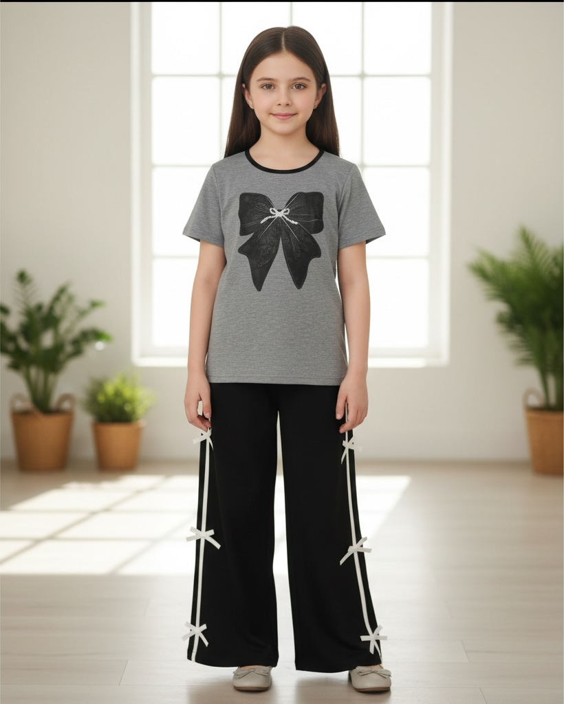 Girls Grey and Black Bow T-Shirt & Pants Set