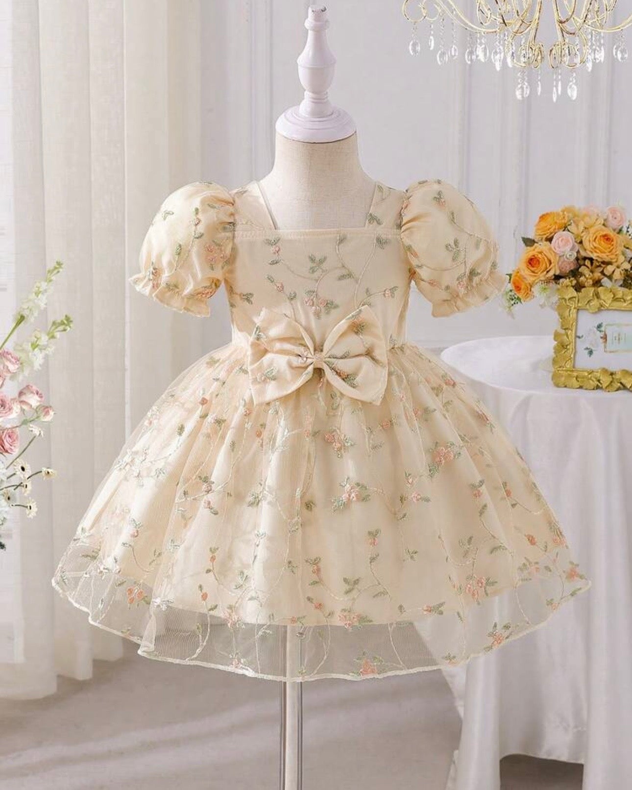 Baby Girl Apricot Mesh Floral Puff Sleeve Princess Dress