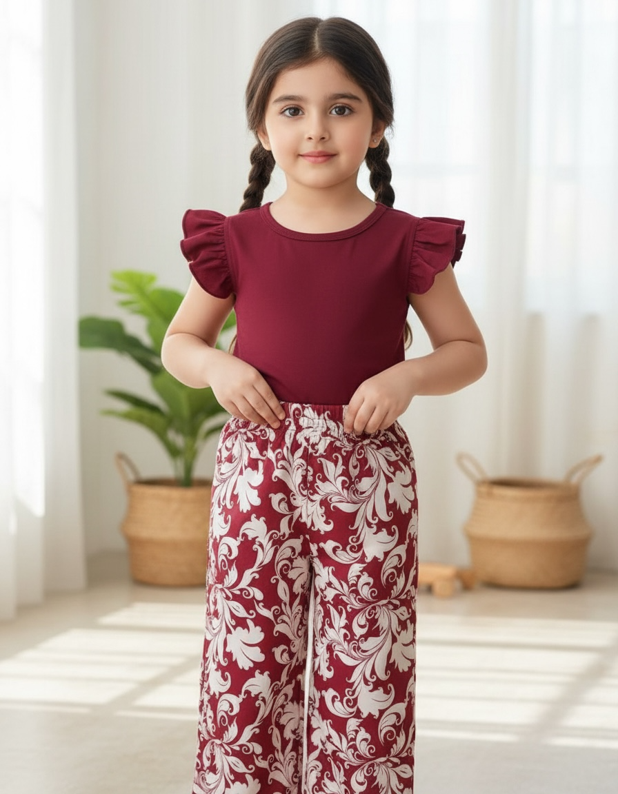 Girls’ Burgundy Flutter Sleeve Co-Ord Set