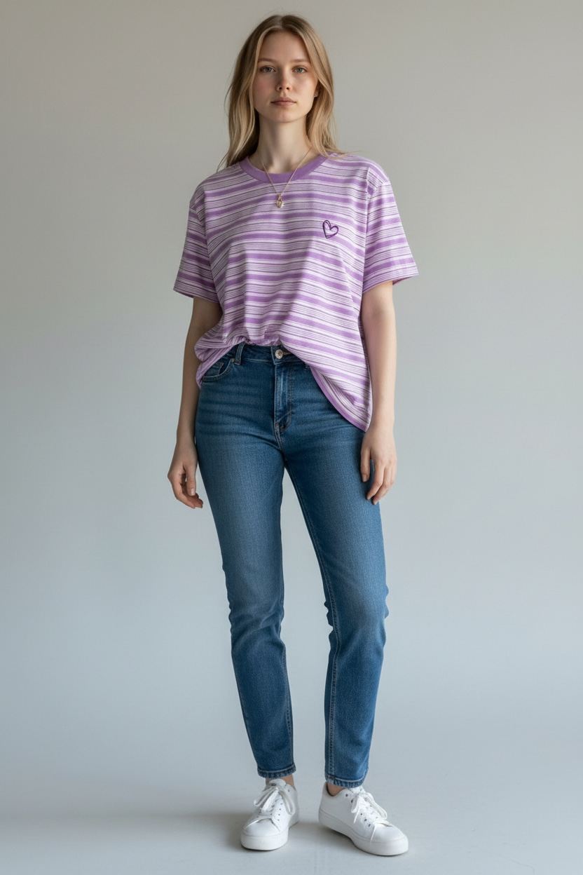 Purple Striped Digital Print & Heart Embroidery Regular Crew Neck T-Shirt