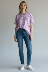 Purple Striped Digital Print & Heart Embroidery Regular Crew Neck T-Shirt