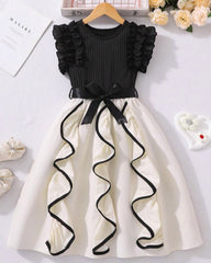 Girl Black and White Ruffle Trim Sleeveless Elegant Dress