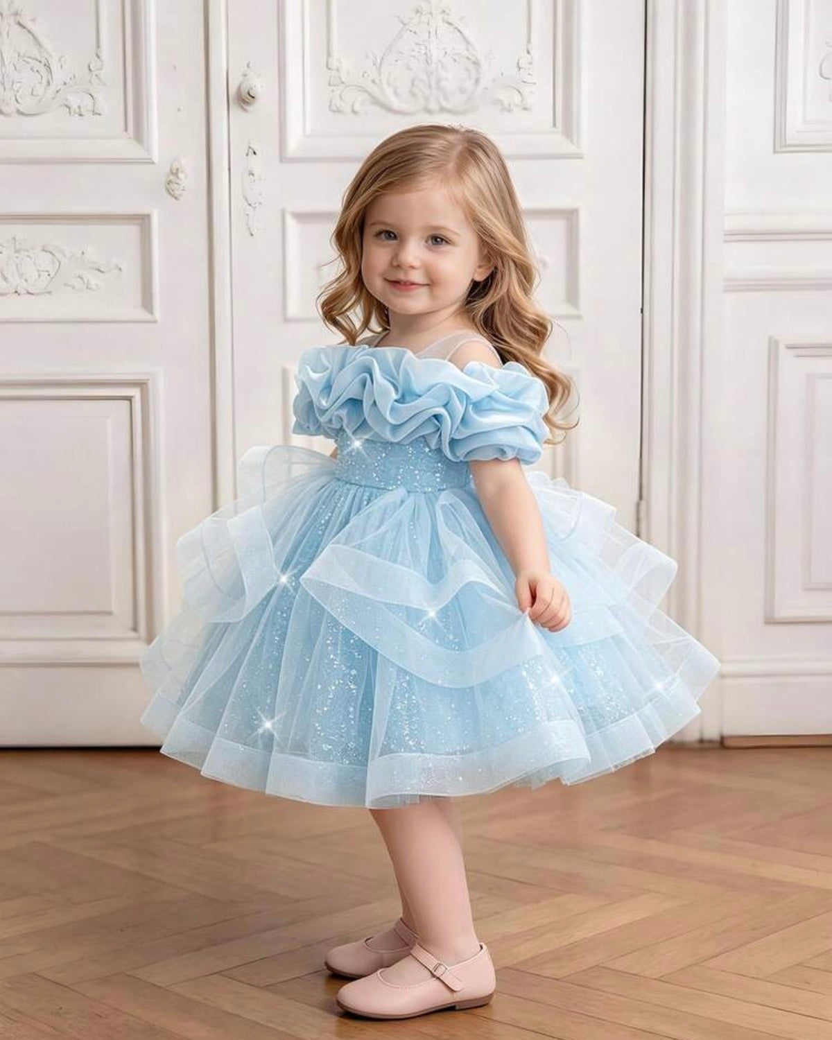 Girls Ice Blue Sequin Mesh Tutu Princess Dress